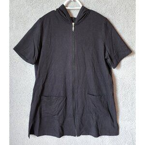 D&Co Denim & Co Beach Short Sleeve Zip Up Swimsuit Cover Up Hoodie Dress Black L